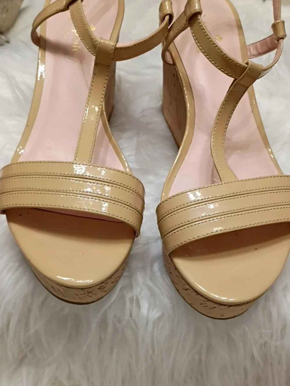 kate spade Tallin Nude Patent Leather Cork Wedge Sandals SZ 8